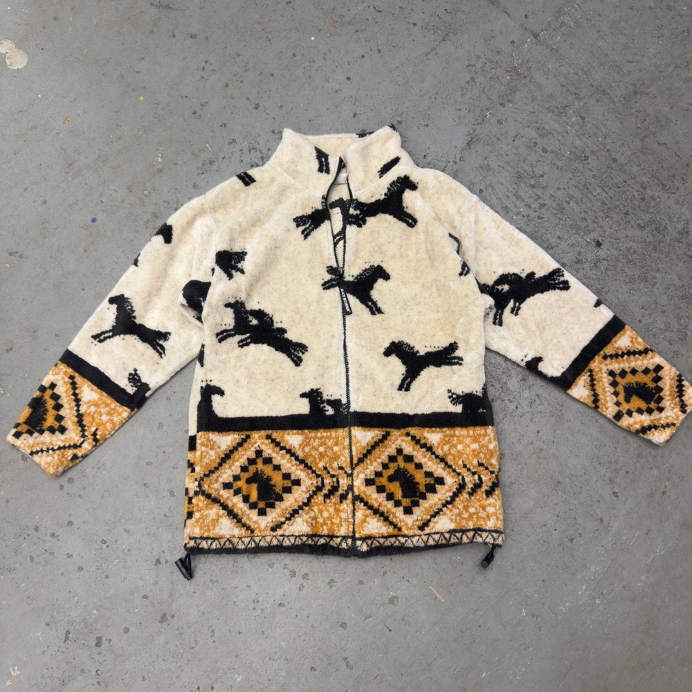 Black Mountain Horse Fleece Jacket Small Southwestern Zip Up Made in USA Cream